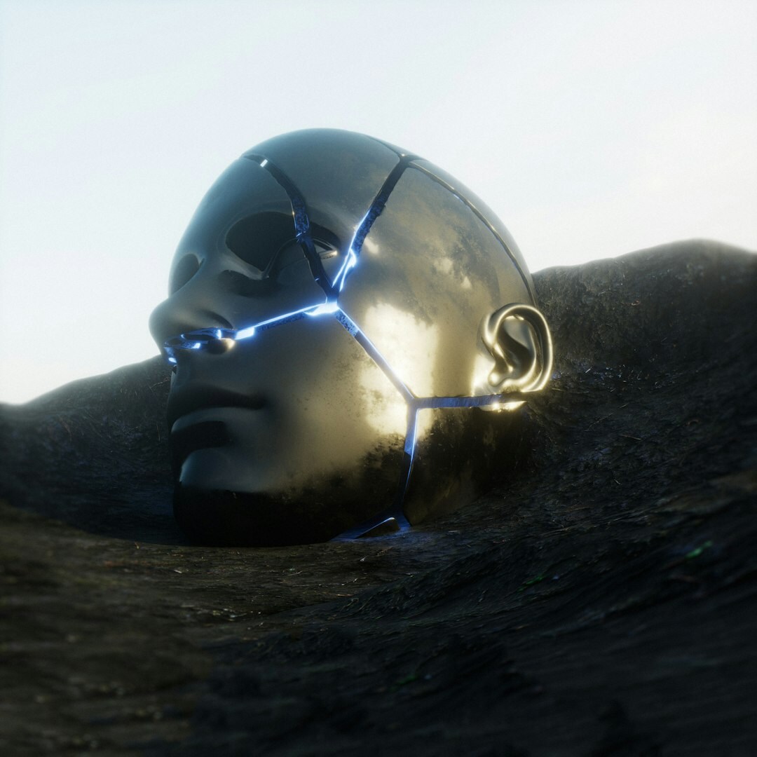 Futuristic artificial intelligence robot face with glowing blue eyes and metallic details